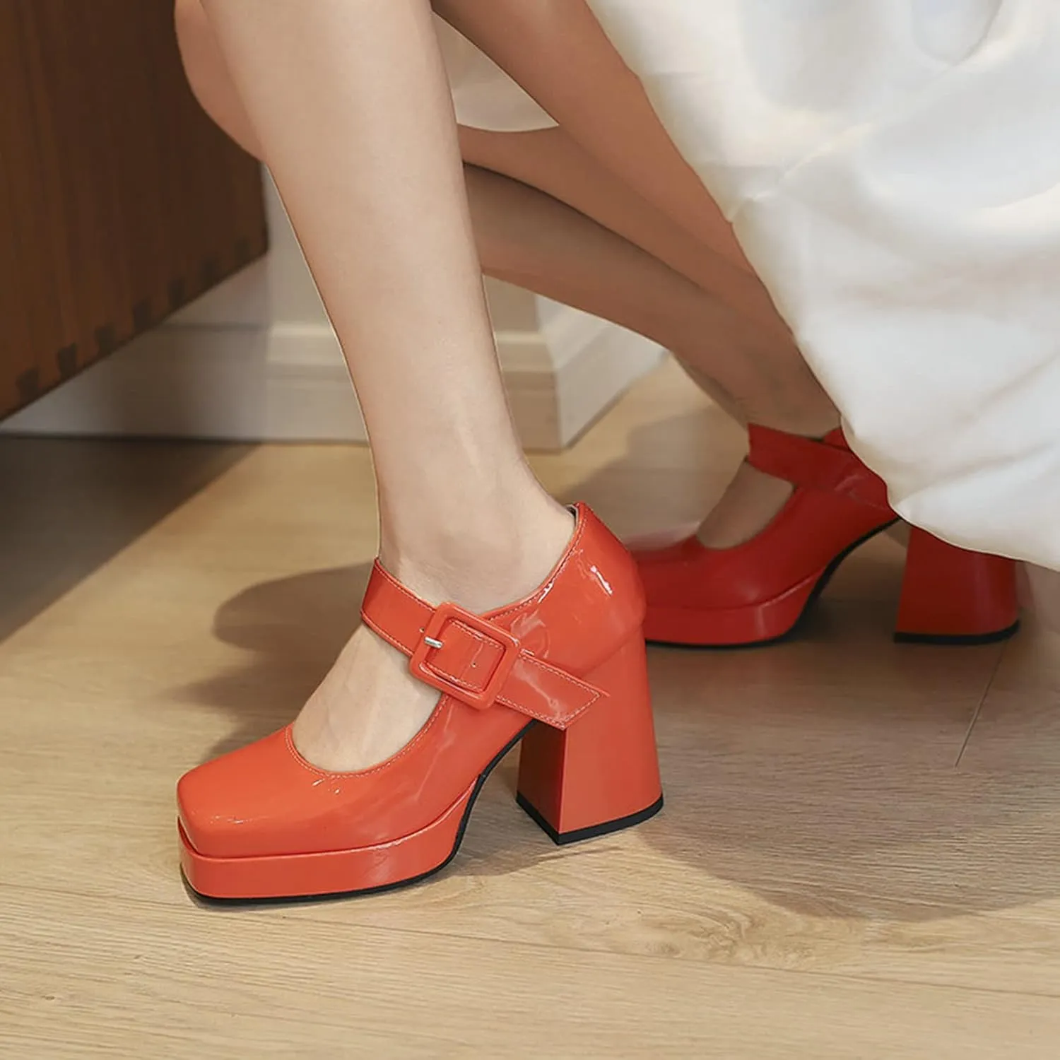 Women Retro Platform Mary Jane Pumps High Block Heel Buckle Strap Square Toe Uniform Dress Shoes