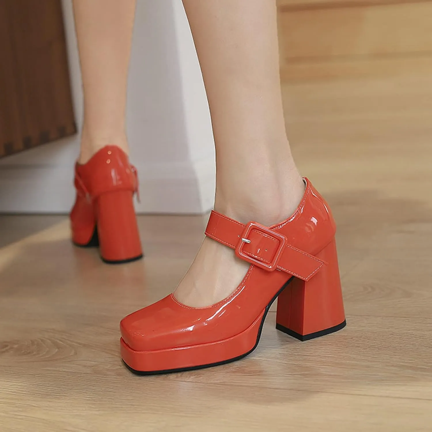 Women Retro Platform Mary Jane Pumps High Block Heel Buckle Strap Square Toe Uniform Dress Shoes