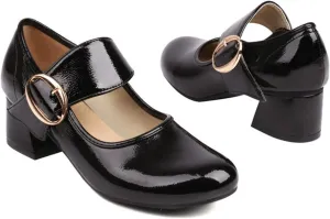 Women Retro Round Toe Mary Janes Patent Leather Chunky Mid Heel Pumps Casual Buckle Strap Dress Shoes