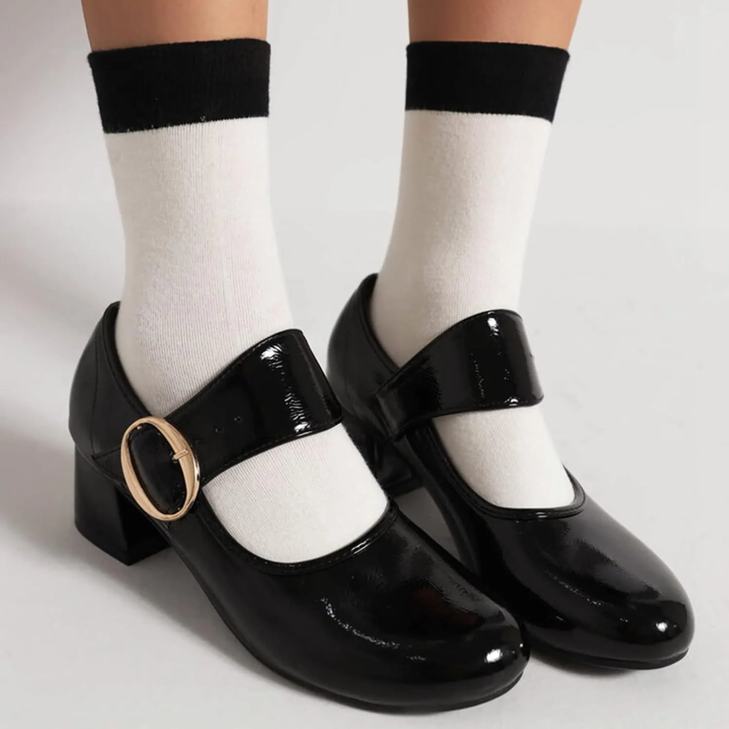 Women Retro Round Toe Mary Janes Patent Leather Chunky Mid Heel Pumps Casual Buckle Strap Dress Shoes