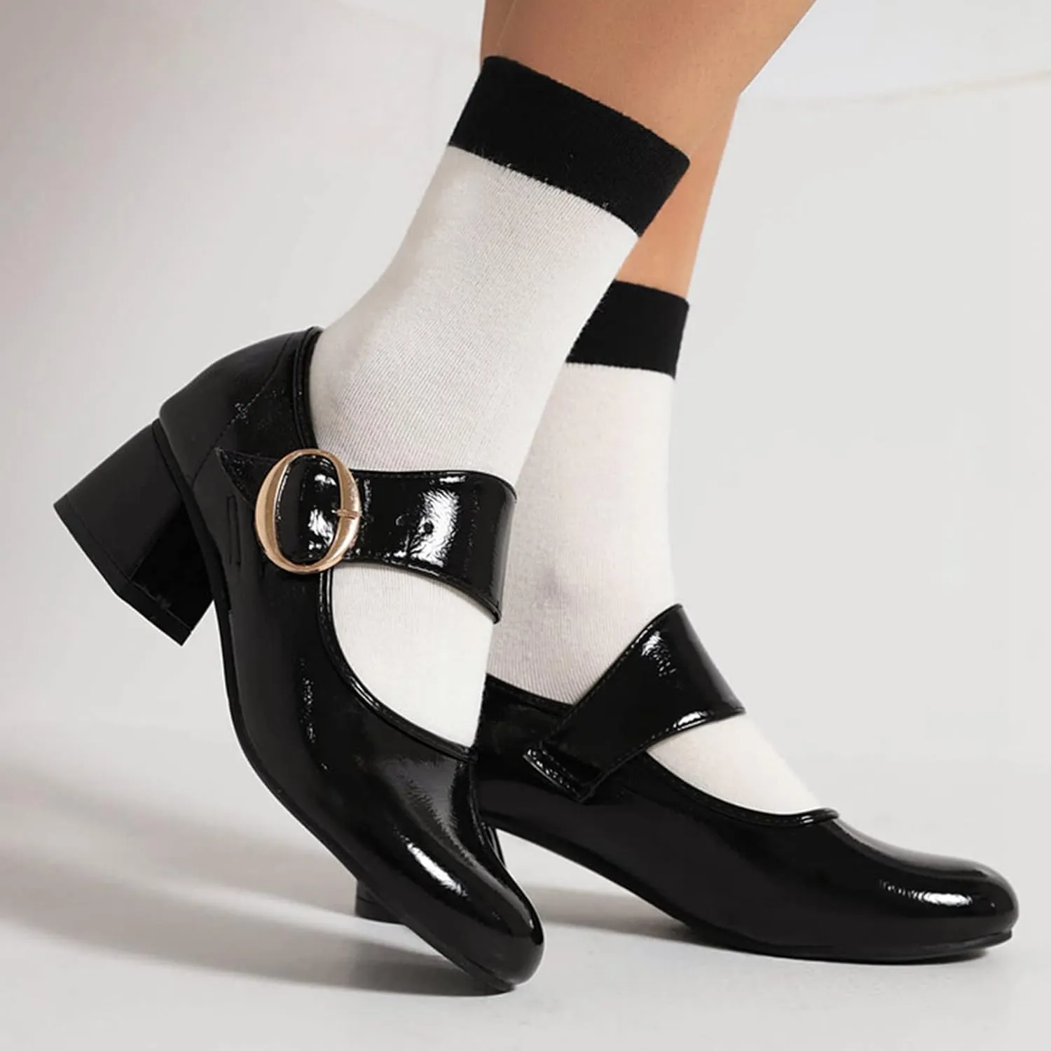 Women Retro Round Toe Mary Janes Patent Leather Chunky Mid Heel Pumps Casual Buckle Strap Dress Shoes