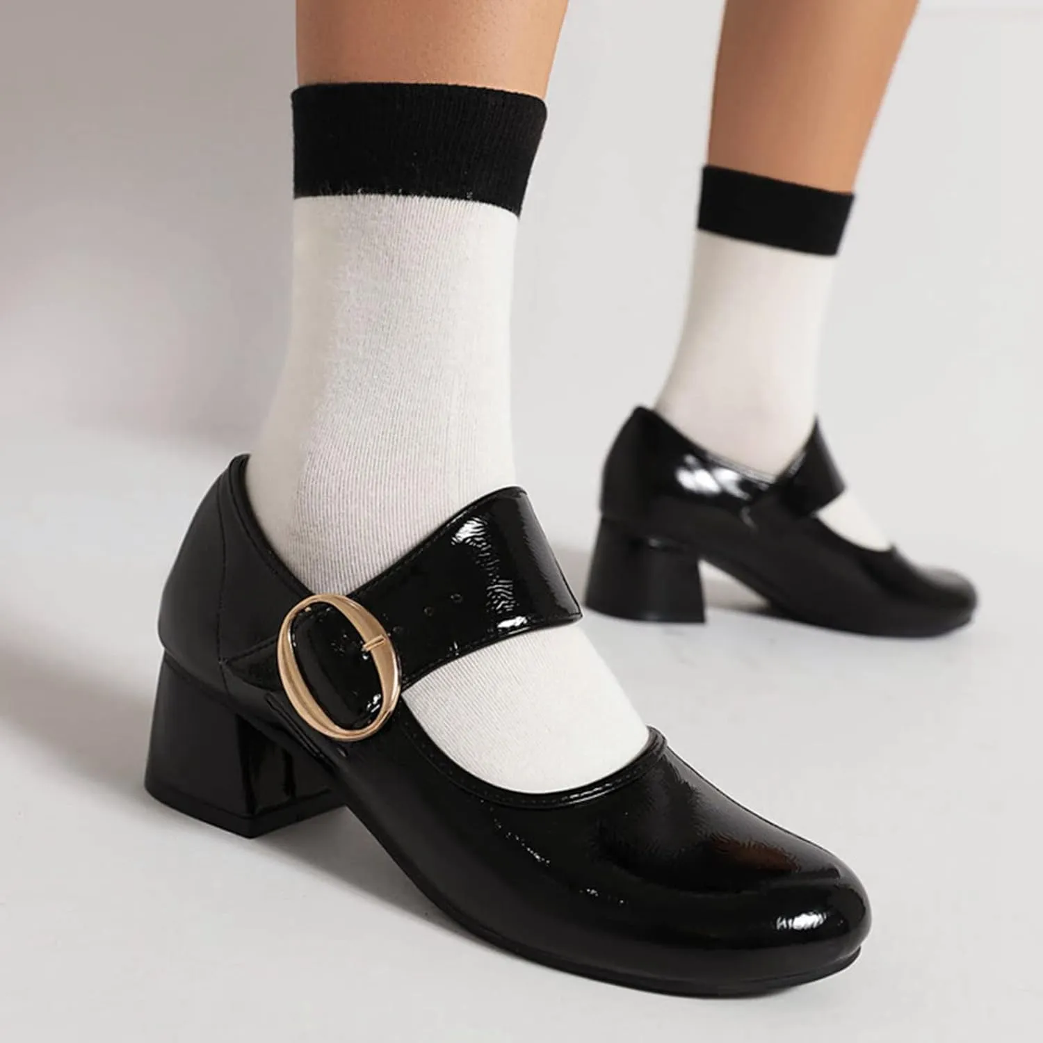 Women Retro Round Toe Mary Janes Patent Leather Chunky Mid Heel Pumps Casual Buckle Strap Dress Shoes