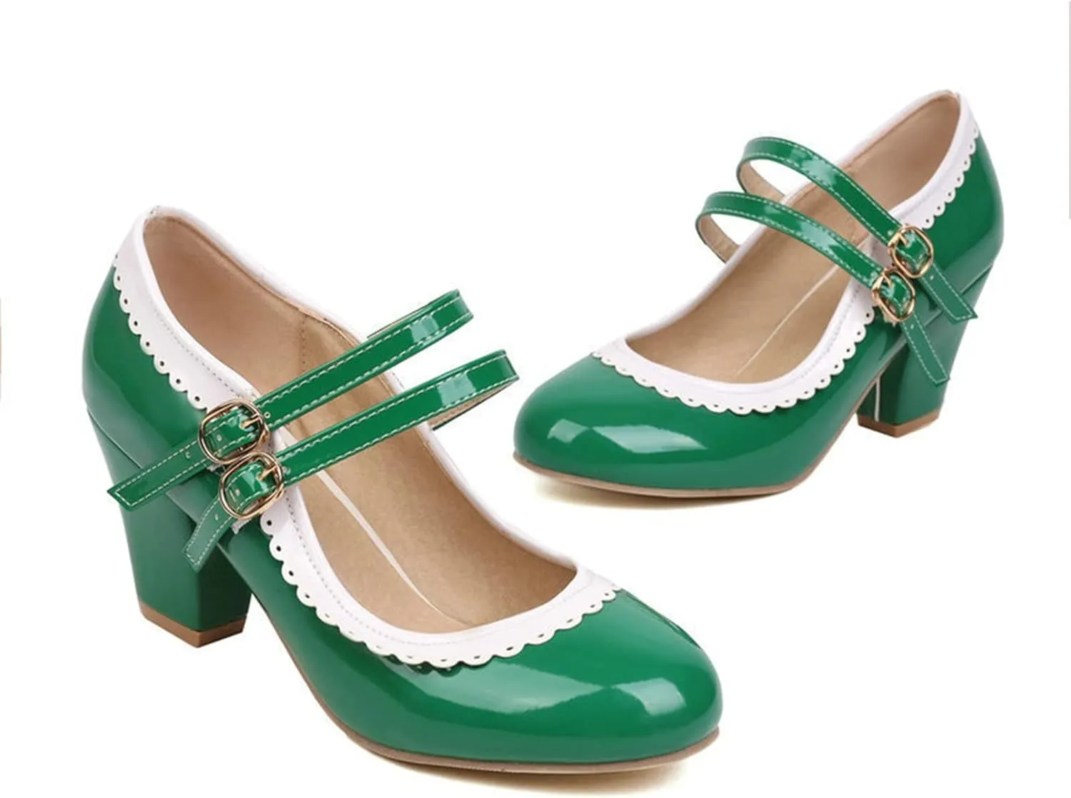 Women Round Toe Mary Jane Pumps Chunky Block High Heel Double Ankle Strap Sweet Dress Dating Shoes
