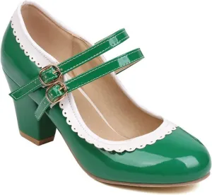 Women Round Toe Mary Jane Pumps Chunky Block High Heel Double Ankle Strap Sweet Dress Dating Shoes
