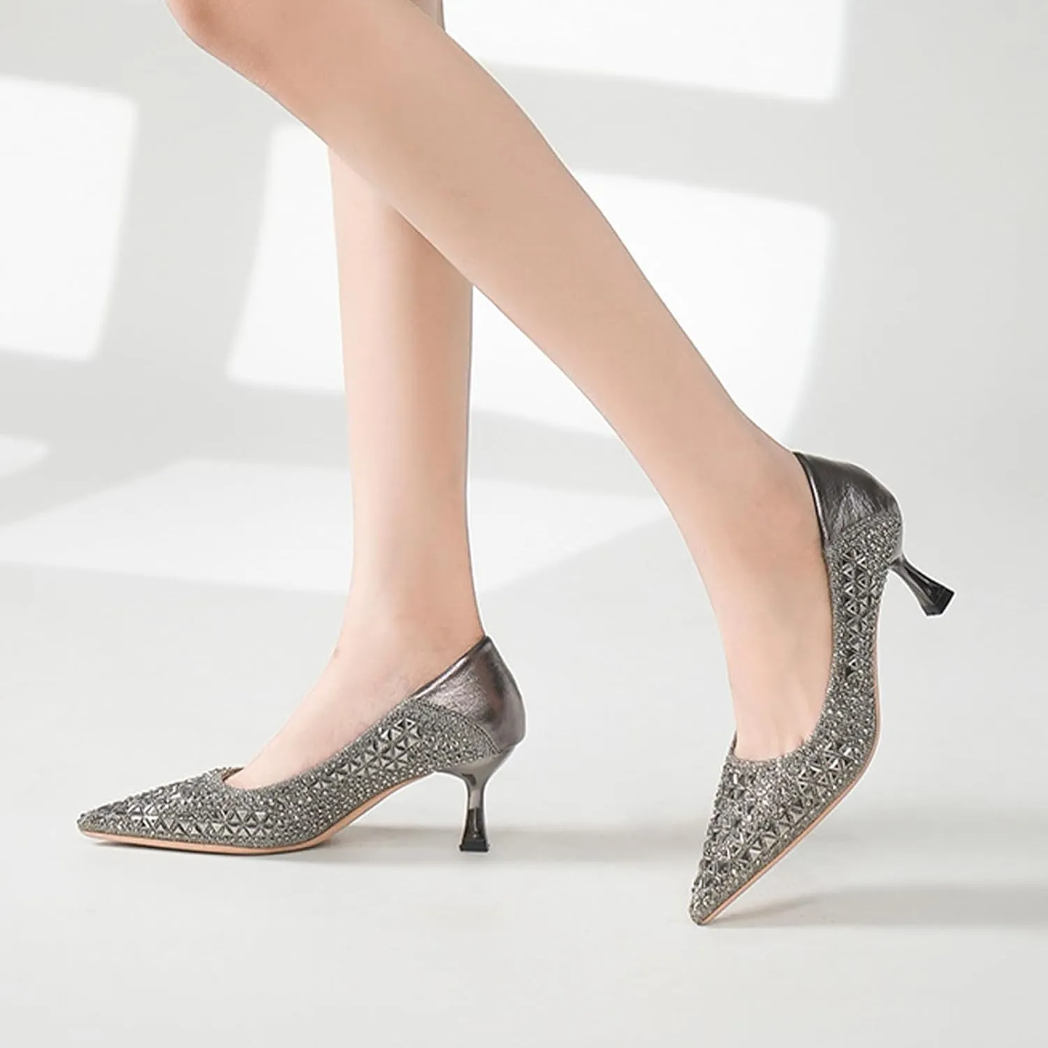 Women Sparkling Rhinestone Pointy Toe Mid Heel Pumps Fashion Closed Toe Slip On Comfort Kitten Heel Dress Shoes for Wedding Party Dating Office Work