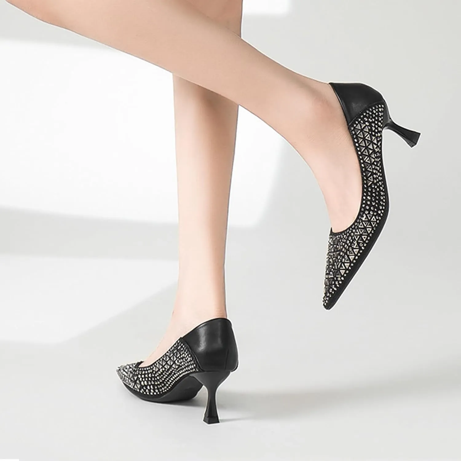 Women Sparkling Rhinestone Pointy Toe Mid Heel Pumps Fashion Closed Toe Slip On Comfort Kitten Heel Dress Shoes for Wedding Party Dating Office Work