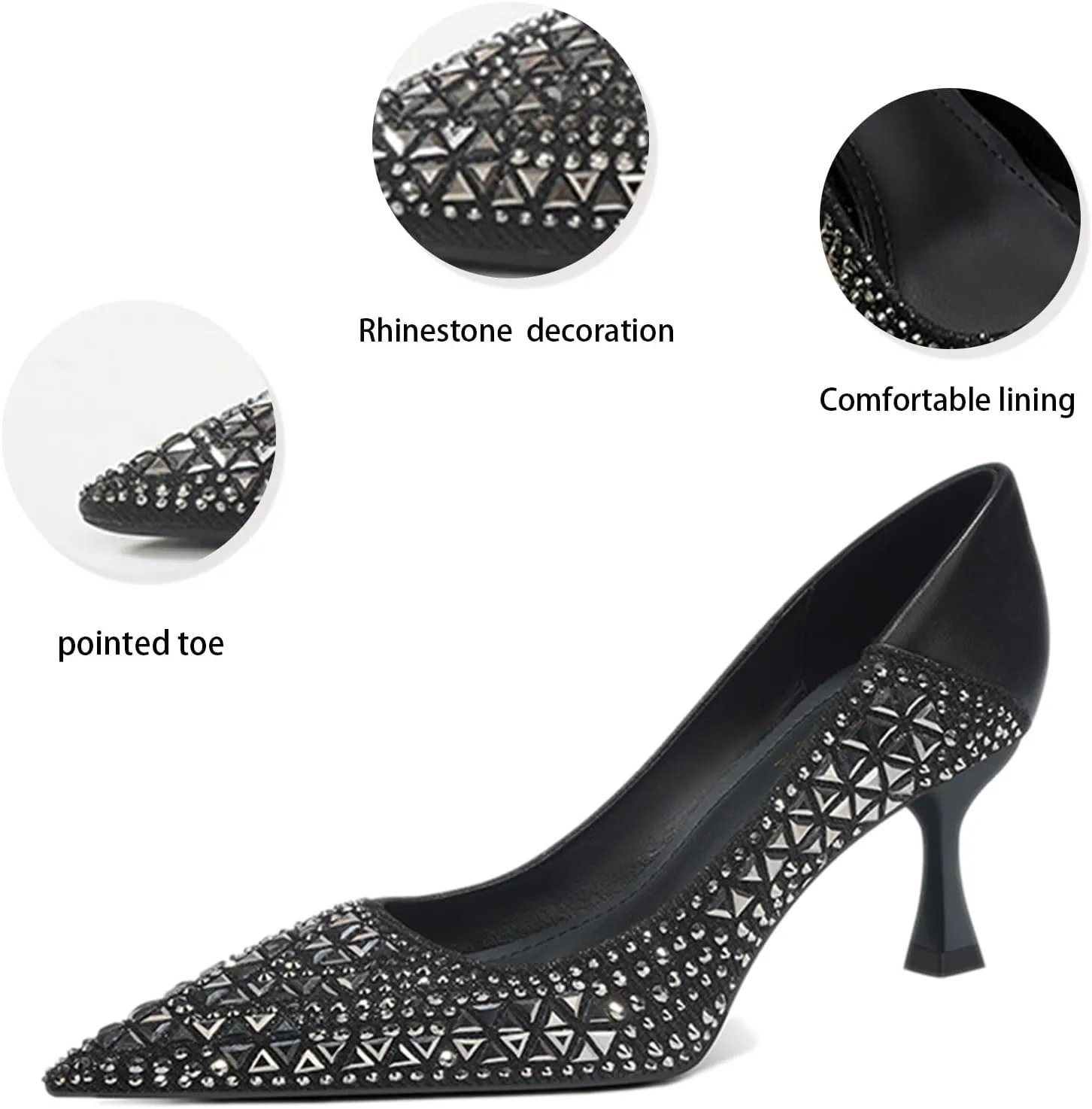 Women Sparkling Rhinestone Pointy Toe Mid Heel Pumps Fashion Closed Toe Slip On Comfort Kitten Heel Dress Shoes for Wedding Party Dating Office Work