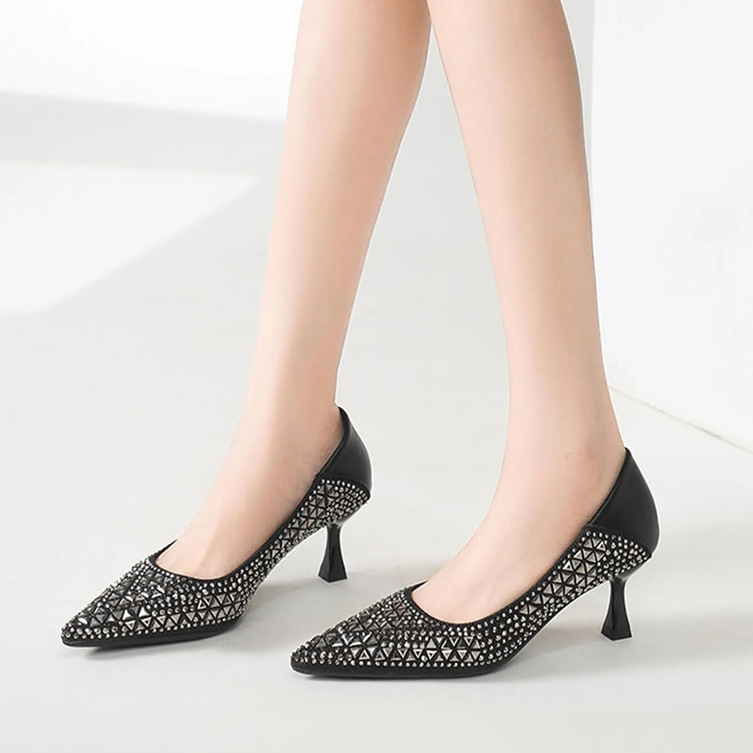 Women Sparkling Rhinestone Pointy Toe Mid Heel Pumps Fashion Closed Toe Slip On Comfort Kitten Heel Dress Shoes for Wedding Party Dating Office Work