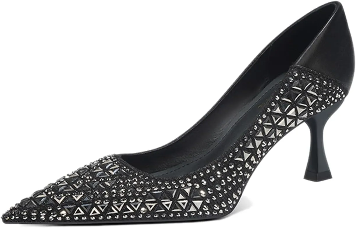 Women Sparkling Rhinestone Pointy Toe Mid Heel Pumps Fashion Closed Toe Slip On Comfort Kitten Heel Dress Shoes for Wedding Party Dating Office Work