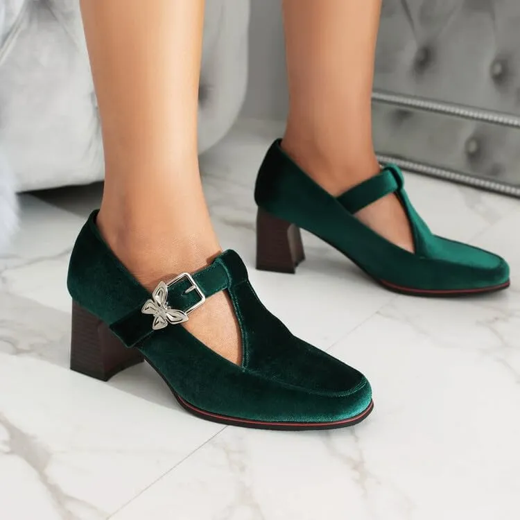 Women T-Strap Mary Janes Pumps Metal Butterfly Square Toe Block Heel