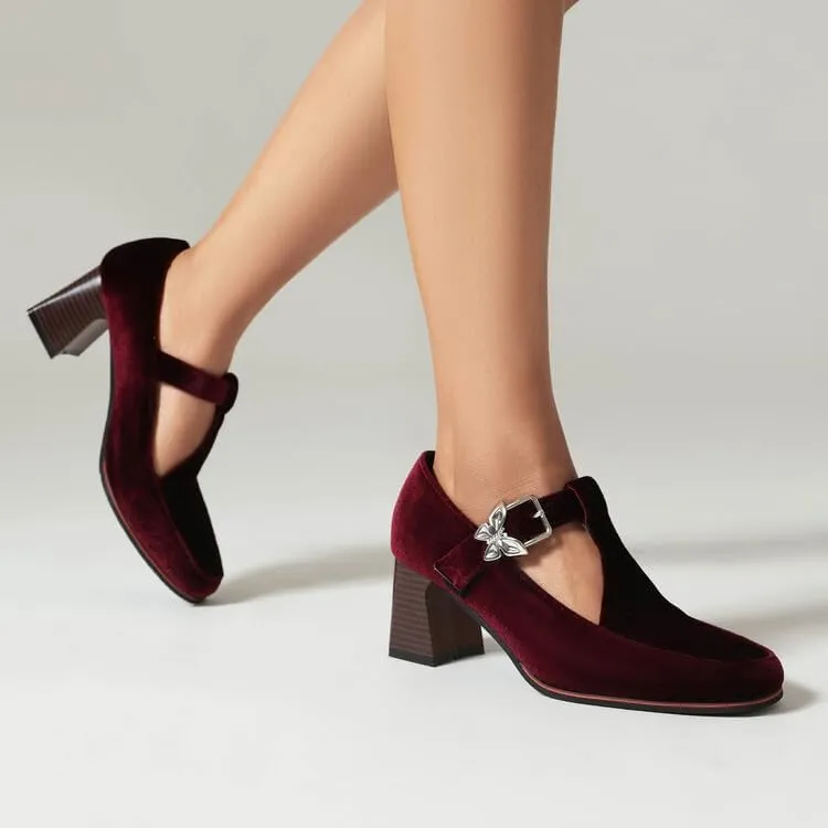 Women T-Strap Mary Janes Pumps Metal Butterfly Square Toe Block Heel