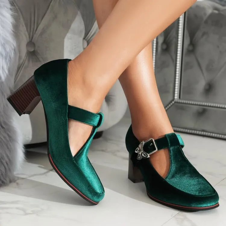 Women T-Strap Mary Janes Pumps Metal Butterfly Square Toe Block Heel