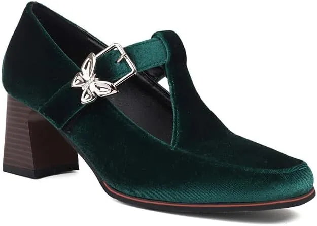 Women T-Strap Mary Janes Pumps Metal Butterfly Square Toe Block Heel