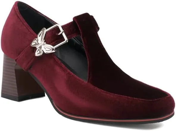 Women T-Strap Mary Janes Pumps Metal Butterfly Square Toe Block Heel