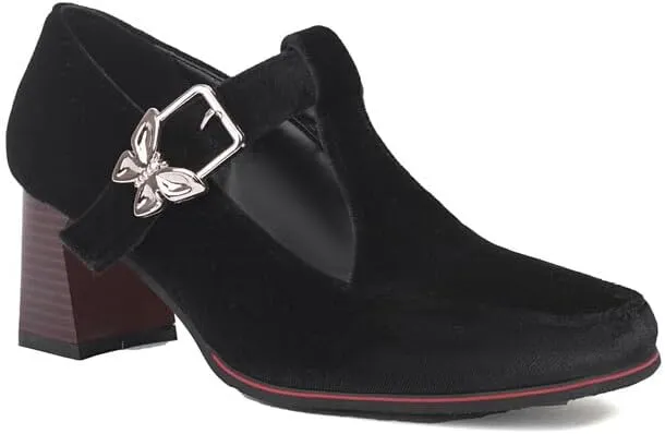 Women T-Strap Mary Janes Pumps Metal Butterfly Square Toe Block Heel
