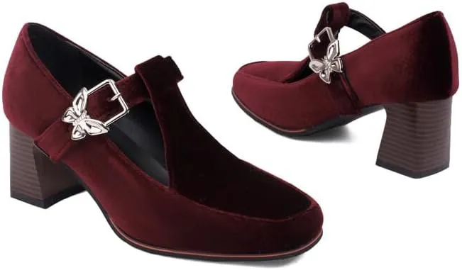 Women T-Strap Mary Janes Pumps Metal Butterfly Square Toe Block Heel