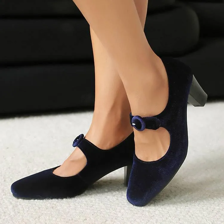 Women Vintage Mary Jane Pumps Satin Square Toe Chunky high Heels