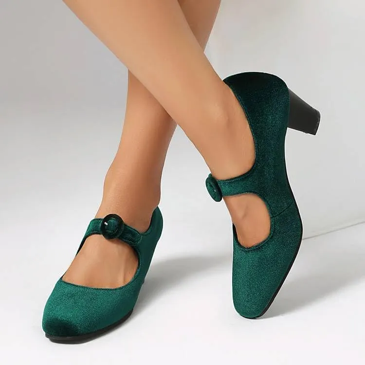 Women Vintage Mary Jane Pumps Satin Square Toe Chunky high Heels