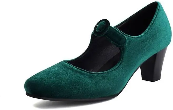 Women Vintage Mary Jane Pumps Satin Square Toe Chunky high Heels