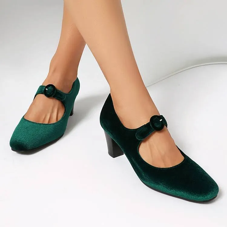 Women Vintage Mary Jane Pumps Satin Square Toe Chunky high Heels