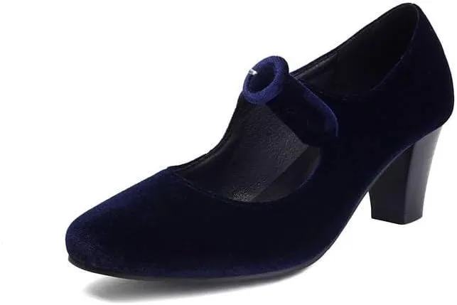 Women Vintage Mary Jane Pumps Satin Square Toe Chunky high Heels