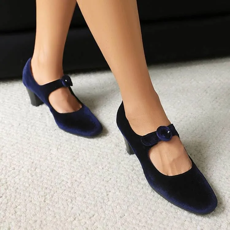 Women Vintage Mary Jane Pumps Satin Square Toe Chunky high Heels