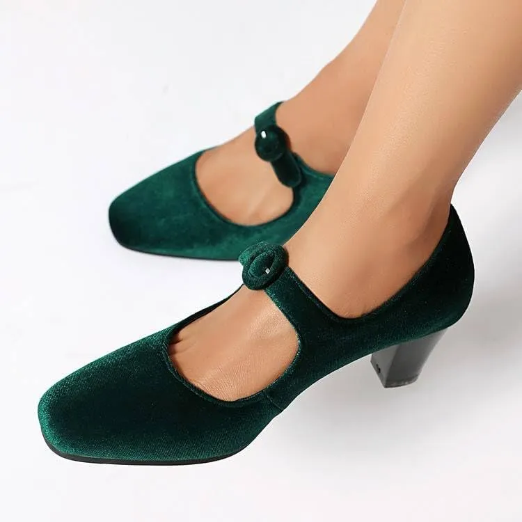 Women Vintage Mary Jane Pumps Satin Square Toe Chunky high Heels