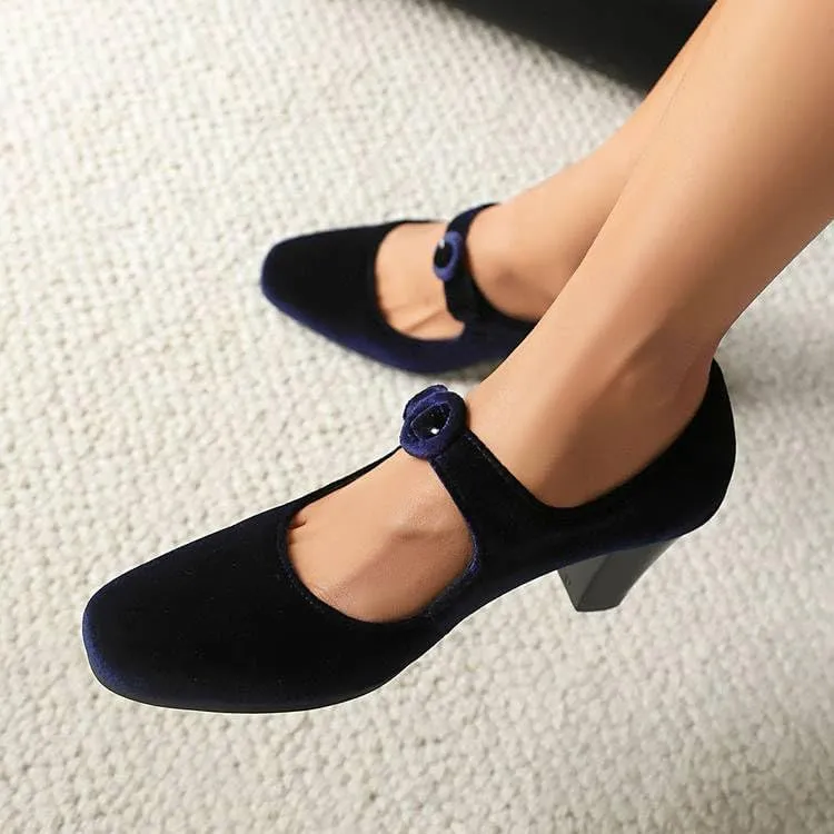 Women Vintage Mary Jane Pumps Satin Square Toe Chunky high Heels