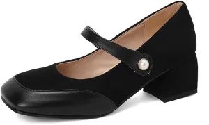 Women Vintage Mary Jane Pumps Square Toe Block Heels with Color Block