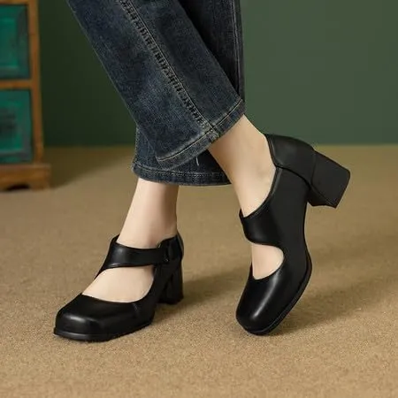 Women Vintage Mary Jane Pumps Square Toe Block Heels