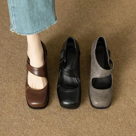 Women Vintage Mary Jane Pumps Square Toe Block Heels