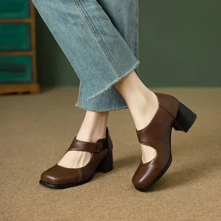 Women Vintage Mary Jane Pumps Square Toe Block Heels