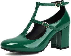 Women Vintage T-Strap Mary Jane Pumps Glossy Patent Chunky High Heels