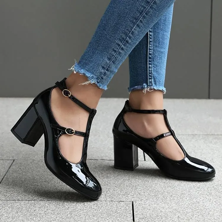 Women Vintage T-Strap Mary Jane Pumps Glossy Patent Chunky High Heels