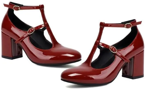 Women Vintage T-Strap Mary Jane Pumps Glossy Patent Chunky High Heels
