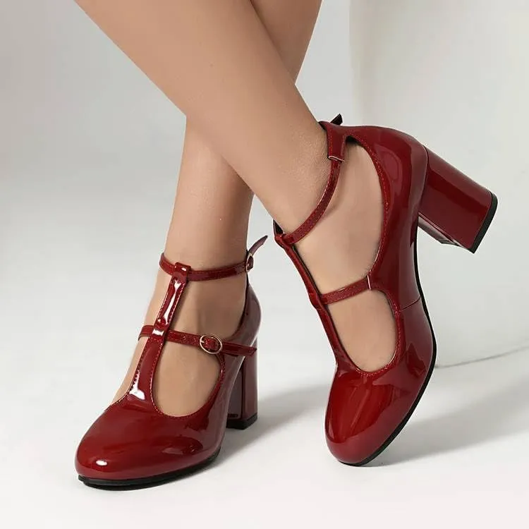 Women Vintage T-Strap Mary Jane Pumps Glossy Patent Chunky High Heels