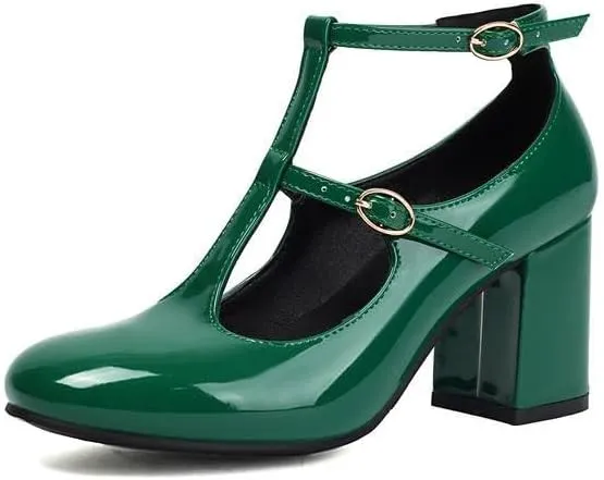 Women Vintage T-Strap Mary Jane Pumps Glossy Patent Chunky High Heels