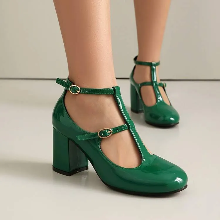 Women Vintage T-Strap Mary Jane Pumps Glossy Patent Chunky High Heels