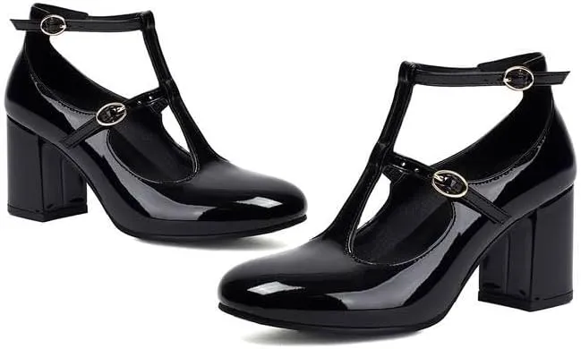 Women Vintage T-Strap Mary Jane Pumps Glossy Patent Chunky High Heels