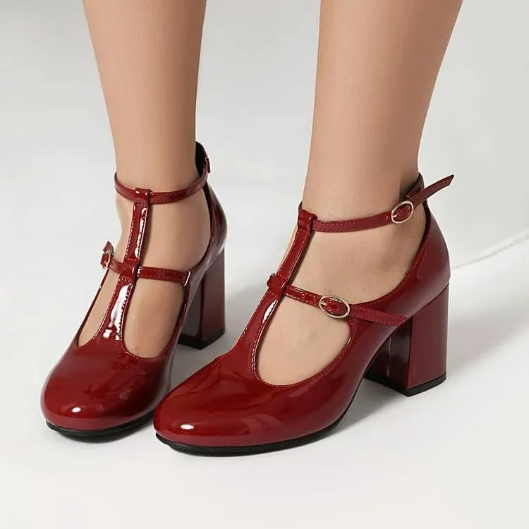 Women Vintage T-Strap Mary Jane Pumps Glossy Patent Chunky High Heels