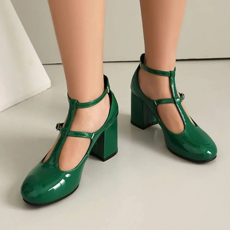 Women Vintage T-Strap Mary Jane Pumps Glossy Patent Chunky High Heels