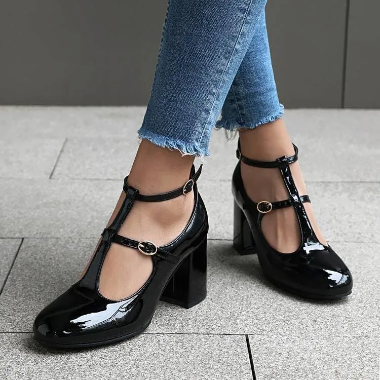 Women Vintage T-Strap Mary Jane Pumps Glossy Patent Chunky High Heels