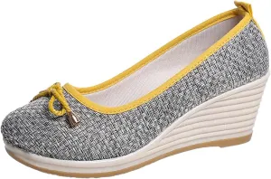 Women Wedge Pumps Closed Toe Low Heel Dress Shoes Slip On Wedges Shoes Casual Canvas for Women (Grey, 7)