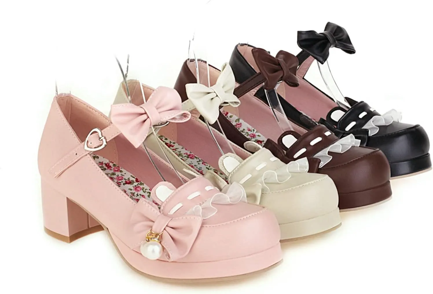 Women's Bow Ankle Strap Mary Jane Pumps Round Toe Platform Mid Chunky Heel Cute Lolita Cosplay Shoes