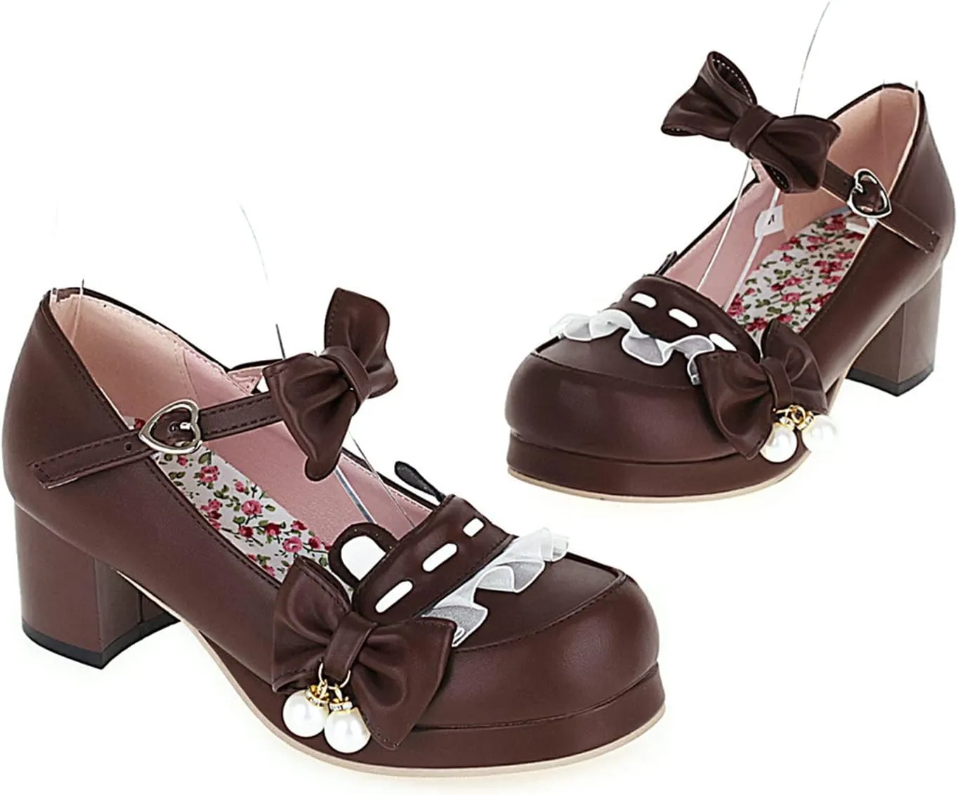 Women's Bow Ankle Strap Mary Jane Pumps Round Toe Platform Mid Chunky Heel Cute Lolita Cosplay Shoes