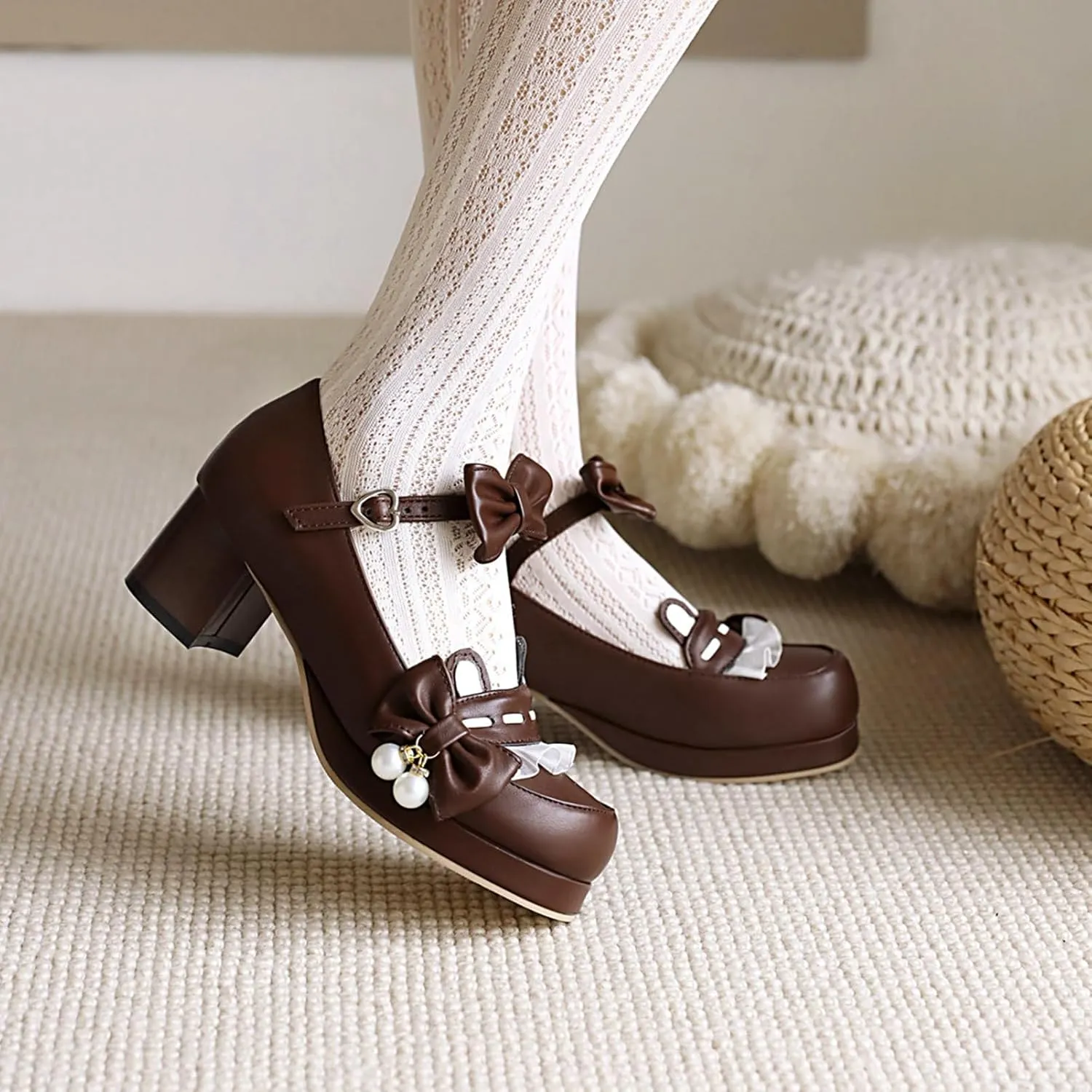 Women's Bow Ankle Strap Mary Jane Pumps Round Toe Platform Mid Chunky Heel Cute Lolita Cosplay Shoes