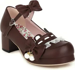 Women's Bow Ankle Strap Mary Jane Pumps Round Toe Platform Mid Chunky Heel Cute Lolita Cosplay Shoes