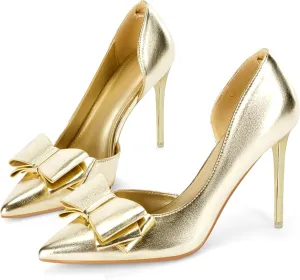 Womens Bow Heels Closed Pointed Toe Dress Shoes Stiletto Slip on Wedding Pumps