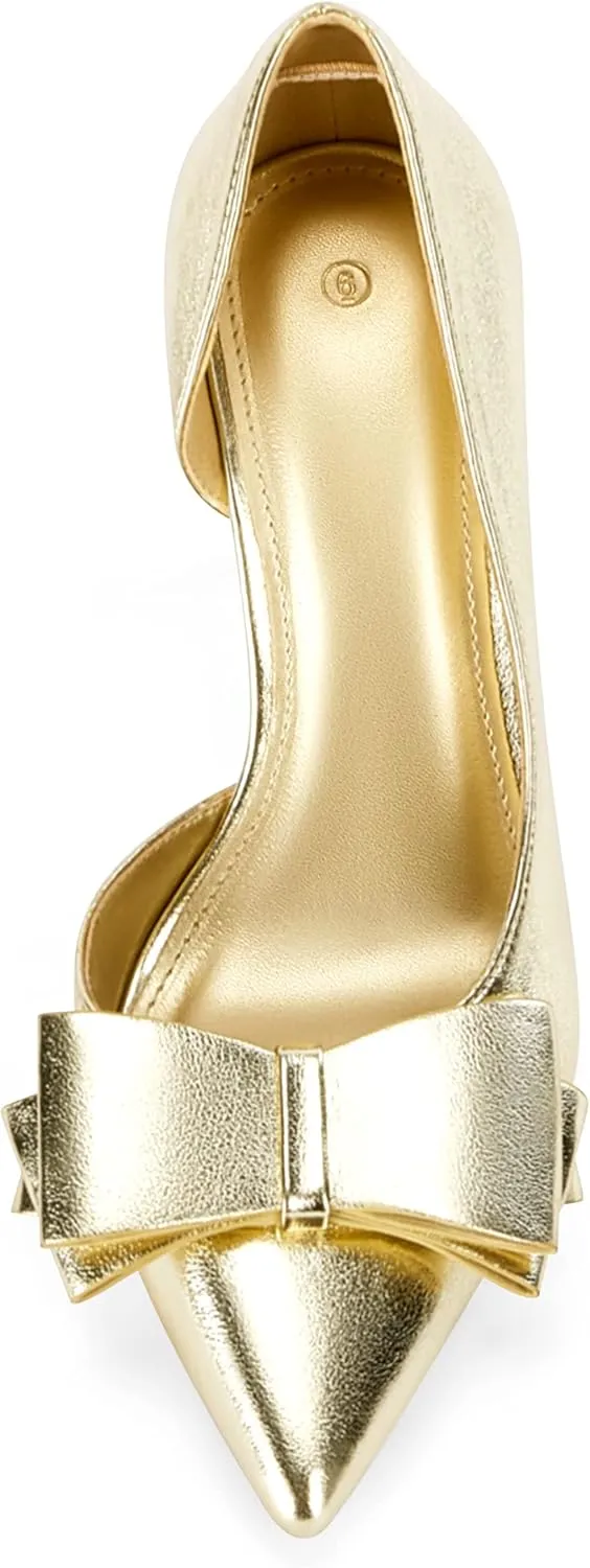 Womens Bow Heels Closed Pointed Toe Dress Shoes Stiletto Slip on Wedding Pumps