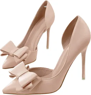 Womens Bow Heels Closed Pointed Toe Dress Shoes Stiletto Slip on Wedding Pumps